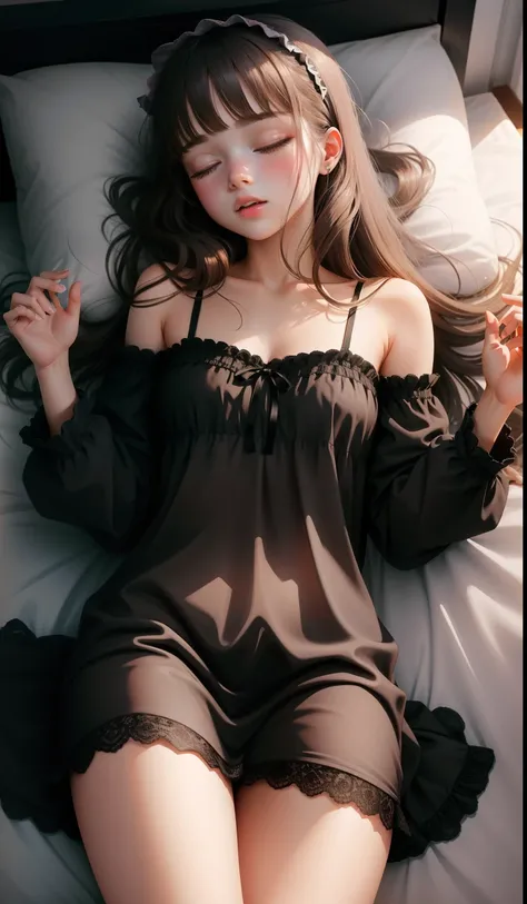 Sleeping Girl, 18 years old, Realistic, Wearing black panties and black nightgown, Open legs, Expressions of satisfaction and relief, Brown hair. Pink bed theme and some cute stuffed animals on the bed,An ultra-high picture quality,high-detail,Awaken,