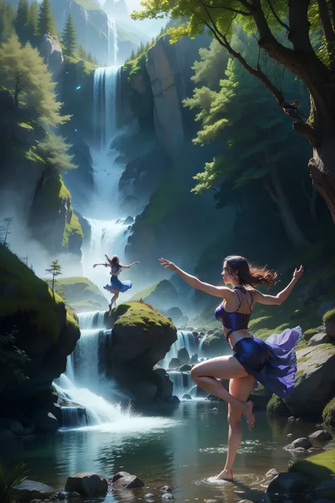 fantasy forest, dream scape,  vivid colors, ultra realistic, mountains, valleys, and water falls, fish jumping through waters,  with young women dancing in circle, detailed female bodies