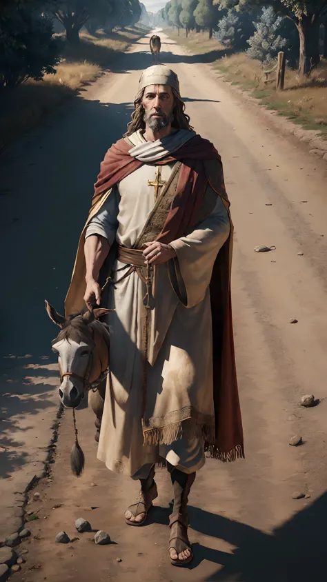 Photorealistic, Ultra HD | |, 4k, detailed textures, detailed colors, Realistic shadows, detailed shadows, Christ, decent, long tunic, a wise man, man with a donkey walking along the road, realistic