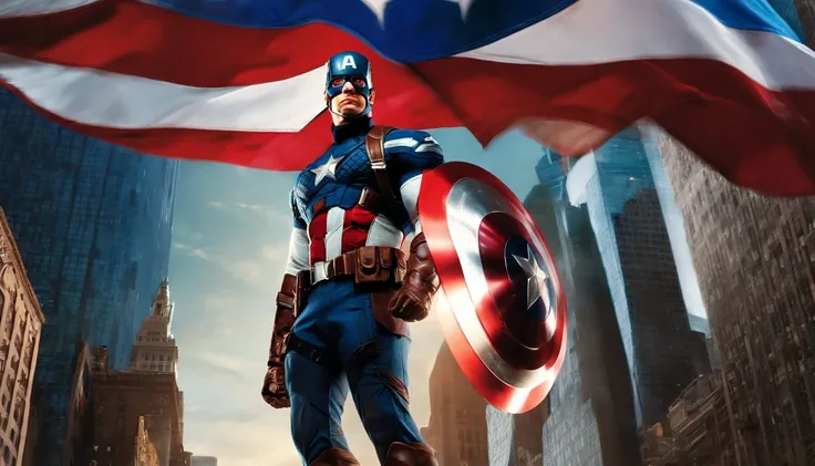 Captain America Steve Rogers stands tall and proud, his iconic shield gleaming in the bright sunlight as he walks through the bustling streets of Times Square, New York City. The towering skyscrapers and neon billboards seem to fade into the background as ...