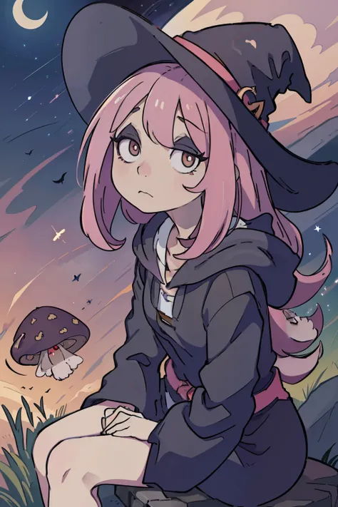 masterpiece,best quality,high quality, best quality, 4k,8k,sucy manbavaran, witch hat, dull pink hair, night sky, stars, hair ov...