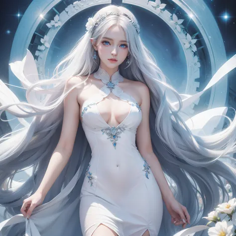 White goddess blue eyes in human shape、beautiful body of a flower of a very attractive age with white pubic hair,,Wearing a white dress,