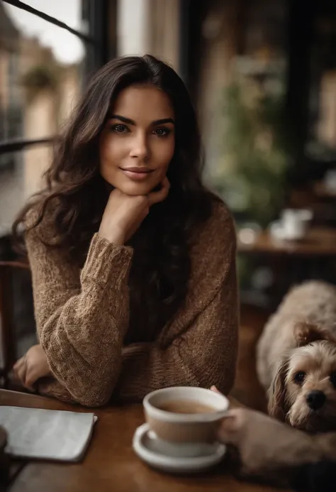 Cute black long straight hair brown eyes round face girl wearing brown sweater sitting in café drinking coffee, Sunset, toothy smile without bangs, holding a poodle puppy in your arms