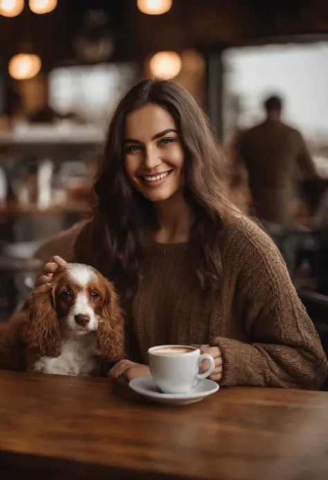 Cute black long straight hair brown eyes round face girl wearing brown sweater sitting in café drinking coffee, Sunset, toothy smile without bangs, holding a poodle puppy in your arms