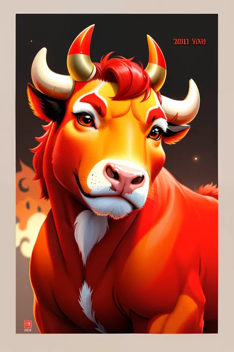 New Year：：2 Happy， red colour， zodiac，Cartoon bull logo close-up, taur, Tough yellow skin, cute  face, Tough horn, with round face, cute single animal, cute character, cute animal, shui mo hua, cute illustration, cow head，hd illustration, big round cute ey...