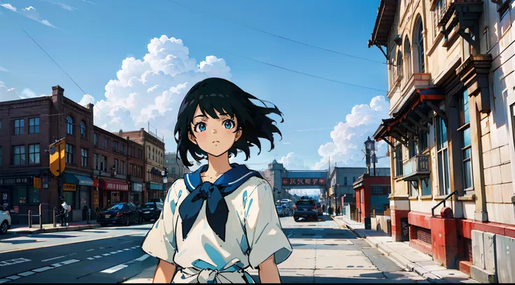 the girl wears a white shirt on her upper body，short black hair，realistic lighting，with blue sky and white clouds，clear skies，be...