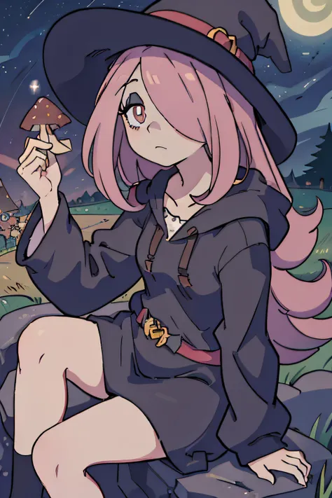 masterpiece,best quality,high quality, best quality, 4k,8k,sucy manbavaran, witch hat, dull pink hair, night sky, stars, hair ov...