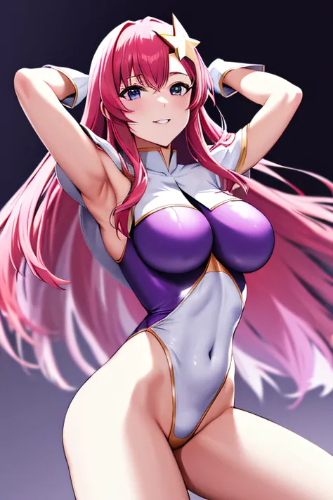 best quality, highres, meer campbell, 1girl, star hair ornament, hair ornament, pink hair, long hair, gloves, leotard purple leotard, white leotard, large breasts, cowboy shot, on the stage,