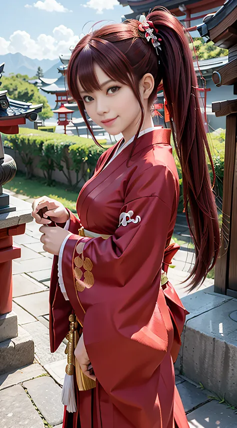 woman with side ponytail, dark red hair, shrine maiden clothe、smirking mischievously,