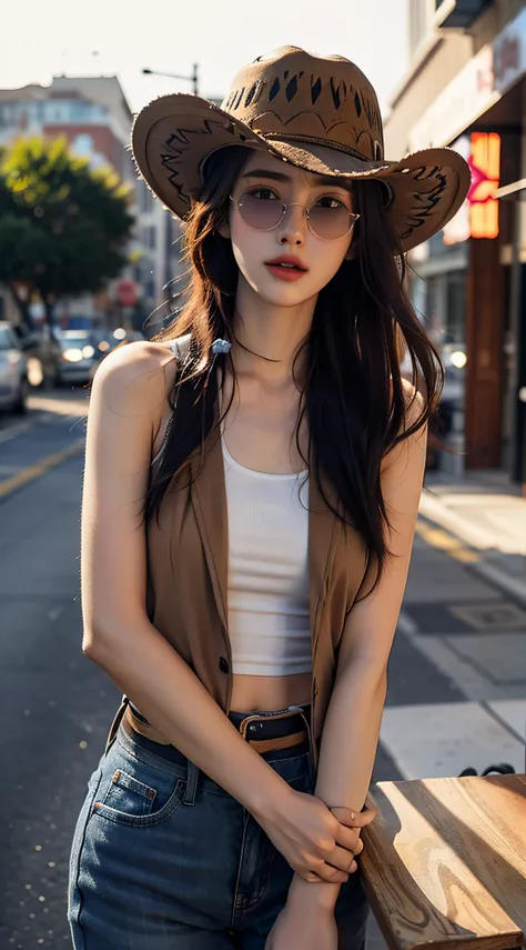 4k ultra hd, best quality, a girl, good face, sun glasses, detailed lips, long hair, straight hair, wear denim, cowboy hat, blur...