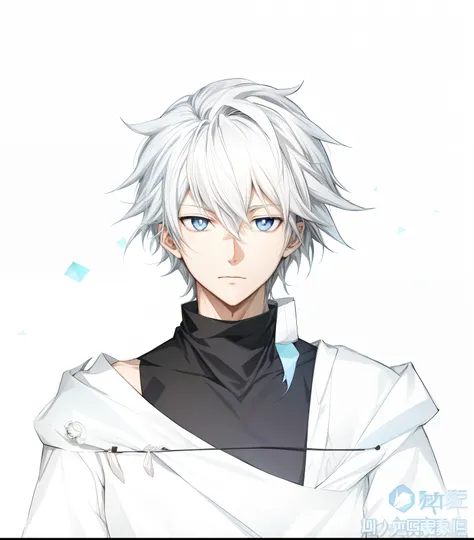 Anime boy with white hair and blue eyes in a white shirt, Tall anime guy with blue eyes, nagito komaeda, hajime yatate, kaworu nagisa, male anime character, young anime man, he has dark grey hairs, shigenori soejima illustration, koyoharu gotouge, anime fi...