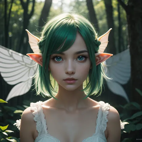 Full body portrait, Forest elf, (Best quality, 8K, Masterpiece: 1.3), green hair, petite body, (beautiful and detailed eyes), (super detail), (desktop wallpaper), (detailed face), ray glow, optical, panoramic illumination, atmospheric perspective, dawn, an...