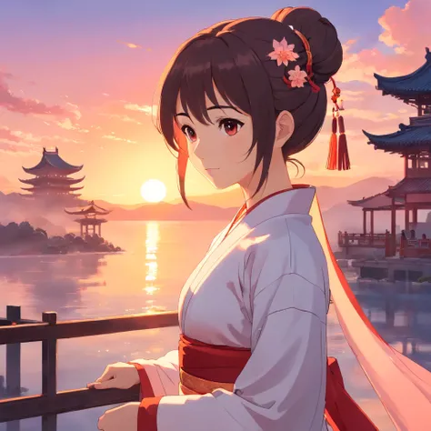 tmasterpiece, Better quality, Still film, Ancient Chinese Women，Wearing white Hanfu，hair-bun，foreground, brightly, Frico, Soft warm lighting, Red sunset (Scarlet)