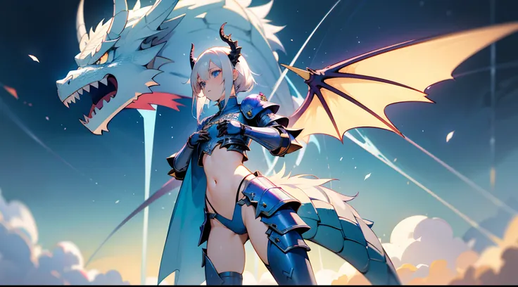 animemanga girl, trending on artstation pixiv, Armor Girl, White-haired god, Detailed digital anime art, Anime art wallpaper 4k, Anime art wallpaper 8 K, Anime art wallpaper 4 K, Anime goddess, blue scales covering her chest，Dragons horn，bare stomach，a fla...