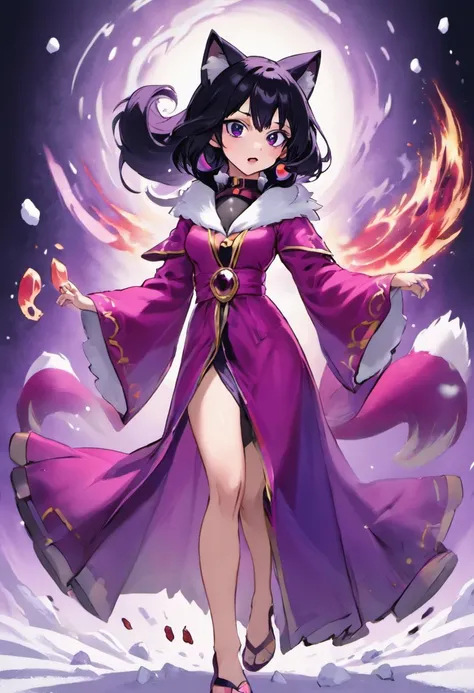 Wearing(（purpleish color）Robe，（Snow white）Collar)Beautiful woman with black hair，Barefoot，（Nine-tailed fox girl，(No animal ears））（The background is a huge light and shadow），Suggestive pose