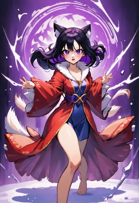 Wearing(（purpleish color）Robe，（Snow white）Collar)Beautiful woman with black hair，Barefoot，（Nine-tailed fox girl，(No animal ears））（The background is a huge light and shadow），Suggestive pose