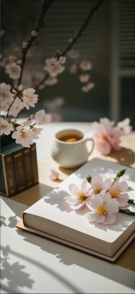 On the table was a book with flowers written on it, books and flowers, Beautiful composition, sakura bloomimg, spring morning, sakura season, spring evening, Beautiful image, blossoming, Soft morning light, Sakura flower, sunny morning light, clubs, Sakura...