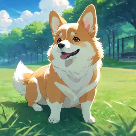 2 Corgi sitting on the grass