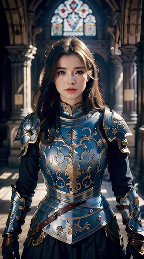 Masterpiece, cinematic landscape, best quality, baroque, realistic, european woman, blue eyes, beautiful curves, blue roman medieval armor, worn armor, upper body, looking at the viewer, open field, battlefield