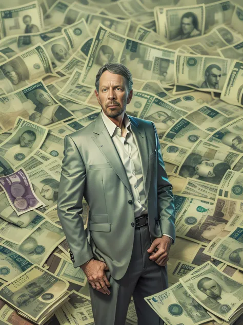 Larry Ellison, A detailed painting of an outsider in a suit, Surrounded by a barrage of dollar bills, Aim for a《Financial freedom formula》One book as the center.