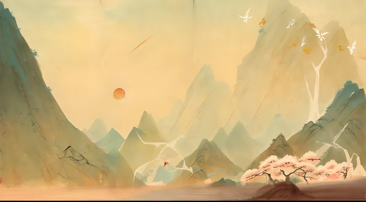 Paint a mountain landscape，There are lakes above and birds fly over it, Inspired by Roger Dean, brittney lee, Inspired by Ma Yuan, serene illustration, inspired by Koson Ohara, ethereal landscape, an illustration of inspired by Victo Ngai, inspired by Tosa...