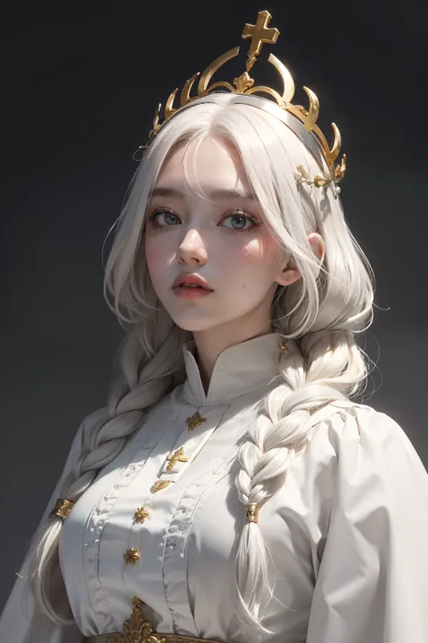 top-quality、​masterpiece、white  hair、Gold Eye、white  clothes、look up to、The upper part of the body、Hair strands、light skinned、Side braid、Papal crown、The Popes Staff