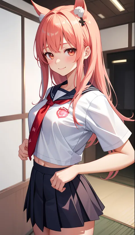 1girl in、AS-Adult、A smile、（Tsundere）、The shirt、skirt by the、（small tits）Chilarism、Japan High School Student Uniform、serafuku、summer clothing、（Sheer Bra）、Upper body portrait、horse ear（Uma Musume）、Running、Sprinting、