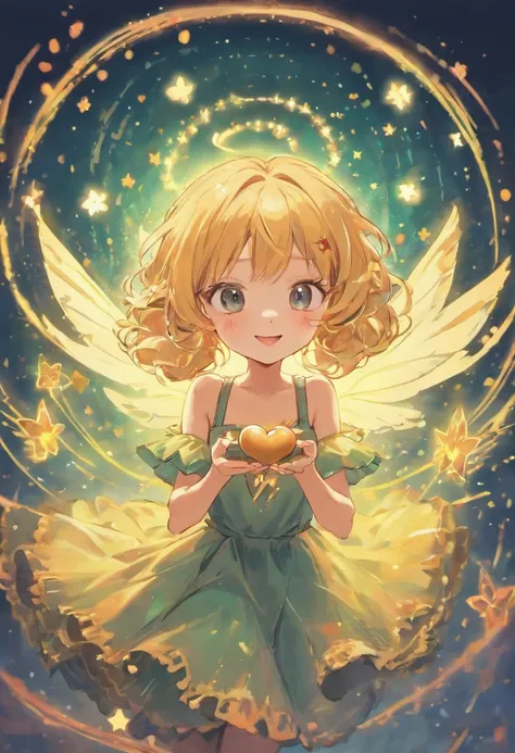 Draw a cheerful, smiling fairy with long, wavy hair.
• She must be wearing a colorful dress with a bakers apron.
• In hands, holding a magic wand and a tray of magic candies.
• Around it, add bright colors and confectionery elements, such as sweets and cak...