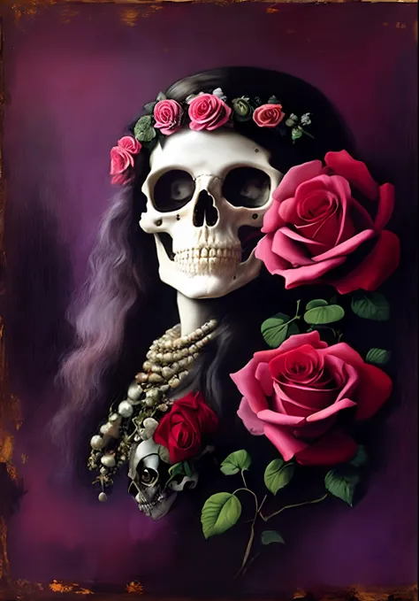 A painting of a woman with a skull face and roses on her head, Jour des morts!!, Jour des morts!, Katrina, Jour des morts. 8 k, ( Jour des morts ), (Jour des morts), ( ( Jour des morts ) ), ( ( ( Jour des morts ) ) )