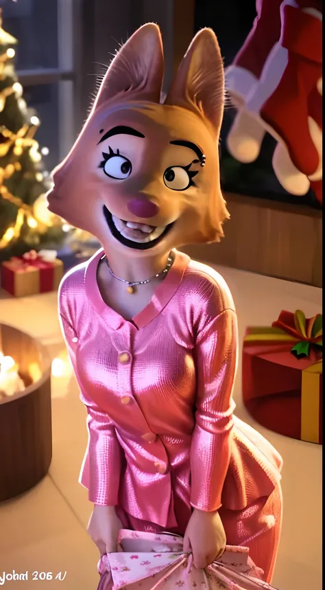 a detailed and realistic portrait of diane foxington opening Christmas presents, orange body, black lips, eyelashes, eyebrow piercing, pajamas, excited