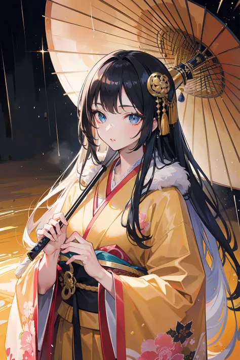 (best quality, masterpiece:1.2),ultra-detailed, gold long hair, detailed beautiful eyes,detailed beautiful lips,detailed face,Japanese costume,umbrella,katana,raining,indifferent