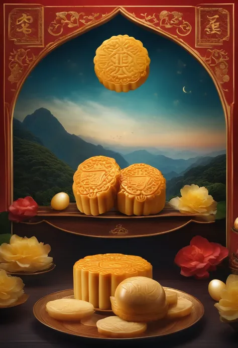 Commercial shooting, Cantonese 1 egg yolk mooncakes, Mooncake size big, poster for, Fresh style background, elegant, Booth lighting, Attractive, photorealistic colors, Ultra HD