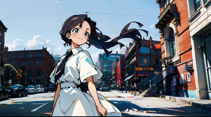 the street,A gentle breeze,Black single ponytail,beauitful face,ultra-clear,high qulity,124k,white dresses,black necktie,Lively and cheerful,and the sun was shining brightly,The girl wears a white shirt on her upper body,Delicate makeup,infinite details,st...