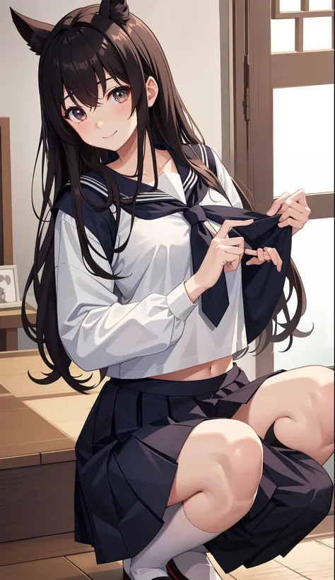 1girl in、AS-Adult、A smile、（Tsundere）、The shirt、skirt by the、（small tits）Chilarism、Japan High School Student Uniform、serafuku、summer clothing、（Sheer Bra）、Upper body portrait、horse ear（Uma Musume）、Squatting panchira、