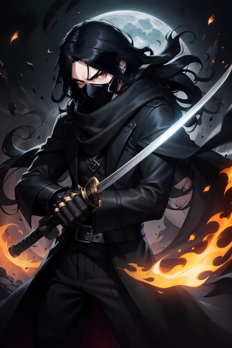 Black mask male character (long wavy hair),(black hair),(((black mask))),(heavy black scarf),(gas condition),(((black overcoat))),(moonlit night ),(tanned skin tone),(holding a katana),(8k pretty face),(ground),(spectators),(light environment),(fighting mo...