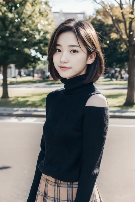 Medium (shoulder-length:1.2) up hair,  (masutepiece:1.1),(Best Quality), (Raw photo), (Beautiful 14 year old Japan girl), (Cute face),
(hitornfreckles:0.6), Cute lips,
Dynamic lighting,
Provocative,
Happy,
In the park,
(Black turtleneck sweater and checked...