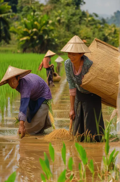 There are two women in the rice field with a man in the background., harvest, The villagers are busy farming., Beautiful sunny day., Laos with rice fields, video still, straw, beginner, Teaser, agriculture, 4 0 9 6, farmer, 3 4 5 3 1, Slightly smooth., ric...