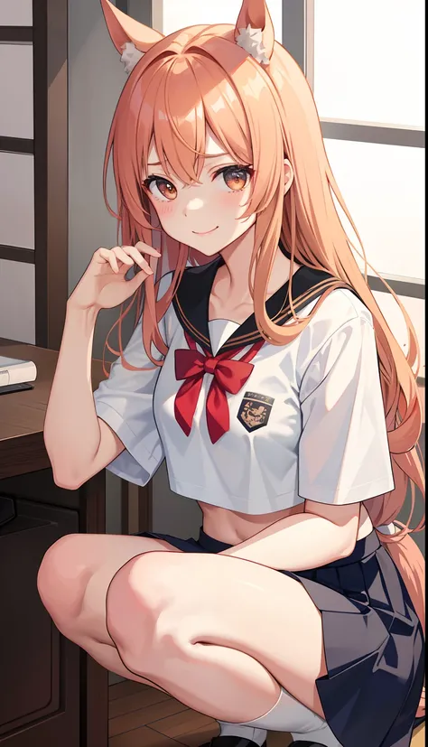 1girl in、AS-Adult、A smile、（Tsundere）、The shirt、skirt by the、（small tits）Chilarism、Japan High School Student Uniform、serafuku、summer clothing、（Sheer Bra）、Upper body portrait、horse ear（Uma Musume）、Squatting panchira、