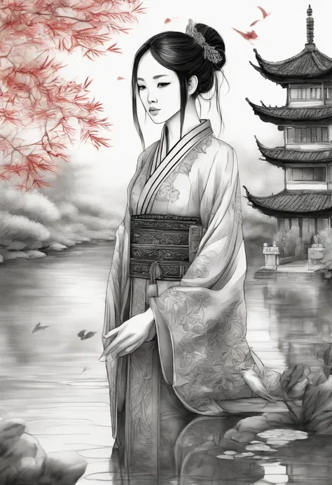 A girl in a Chinese garden,watercolor painting,lush greenery,delicate flowers,serene atmosphere,light and shadow,masterpiece:1.2,ultra-detailed,realistic:1.37,vivid colors,soft natural light,beautiful detailed eyes and face,flowing traditional dress,peacef...