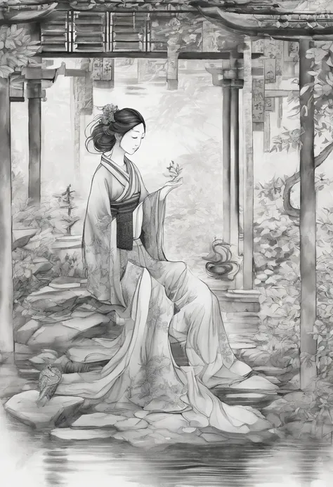 A girl in a Chinese garden,watercolor painting,lush greenery,delicate flowers,serene atmosphere,light and shadow,masterpiece:1.2,ultra-detailed,realistic:1.37,vivid colors,soft natural light,beautiful detailed eyes and face,flowing traditional dress,peacef...