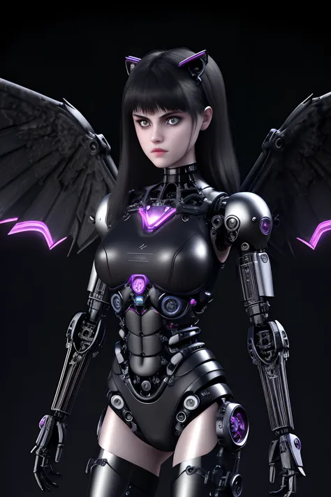 complex 3d render ultra detailed beautiful preteen Alexandra Daddario. death angel, biomechanical cyborg, analog 150 mm lens, preteen robot kitten fairy goth. small black lace top, big breasts. black tights on long legs. dark graveyard background. Cyborg l...