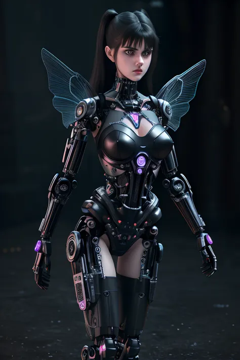 complex 3d render ultra detailed beautiful preteen Alexandra Daddario. death angel, biomechanical cyborg, analog 150 mm lens, preteen robot kitten fairy goth. small black lace top, big breasts. black tights on long legs. dark graveyard background. Cyborg l...