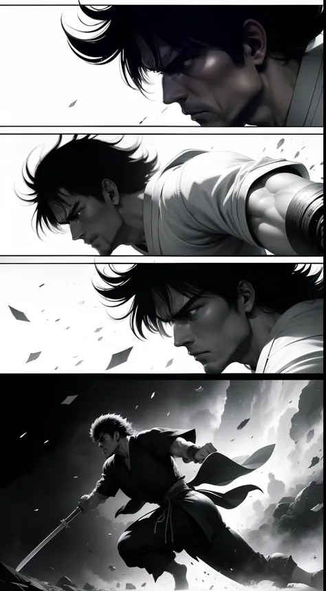 /imagine prompt: （illustration）comic page，There are multiple panels on the page：Black and white Japanese manga page, Jump Magazine,Hot-blooded martial arts comics, A comic book about Hokuto Shinken,author：Tetsuo Hara。Highly detailed dynamics reveal the fil...