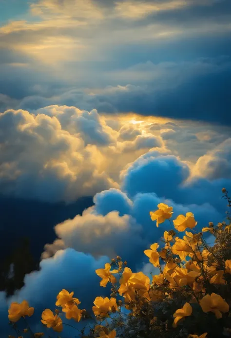 blue and golden flowers among whith clouds