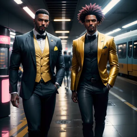 Id like a cyberpunk style image in 4k average photo of three black characters ,40 anos de idade,,africano, forte, musculoso, de pele negra ,barba grande,barba, Estiloso Barbon,com cabelo punk estilo anos 80 na cor amarelo e cinza escuro,muito eLegante,, fu...