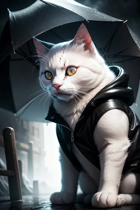 White cat wearing a black raincoat，Stormy weather，With cinematic lighting and ultra-realistic details，photograph of-realistic，cinematic photogtaphy，incredibily detailed，cinmatic lighting