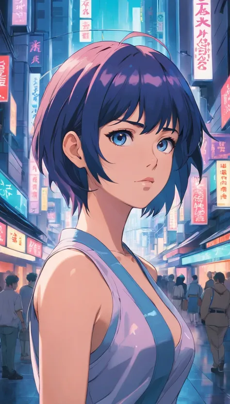 Ghost in the shell in the 90s retro anime style, droid, sci-fy, Futuristic, surrealism, akira style, Installed, detailed line art, Fine details, Greg Rutkowski Makoto Shinkai Key Art of Kyoto Animation Female gaze-level shot