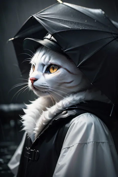 White cat wearing a black raincoat，Hat with raincoat，Stormy weather，With cinematic lighting and ultra-realistic details，photograph of-realistic，cinematic photogtaphy，incredibily detailed，cinmatic lighting