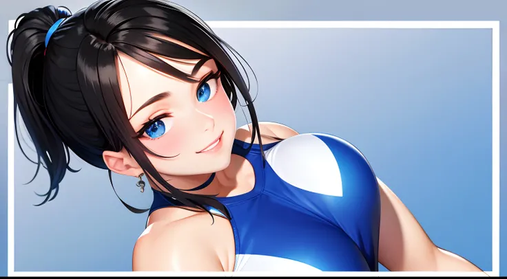 solo, 1girl, ponytail black hair, sparkling blue eyes, realistic, wearing sports outfit, 8k resolution, focused upper body shot, standing, ultra-detailed, masterpiece, highest quality, pov, smile closed lips, blush, at gym