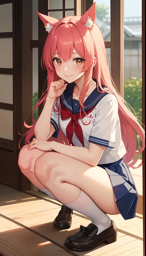 1girl in、AS-Adult、A smile、（Tsundere）、The shirt、skirt by the、（small tits）Chilarism、Japan High School Student Uniform、serafuku、summer clothing、（Sheer Bra）、Upper body portrait、horse ear（Uma Musume）、Squatting panchira、